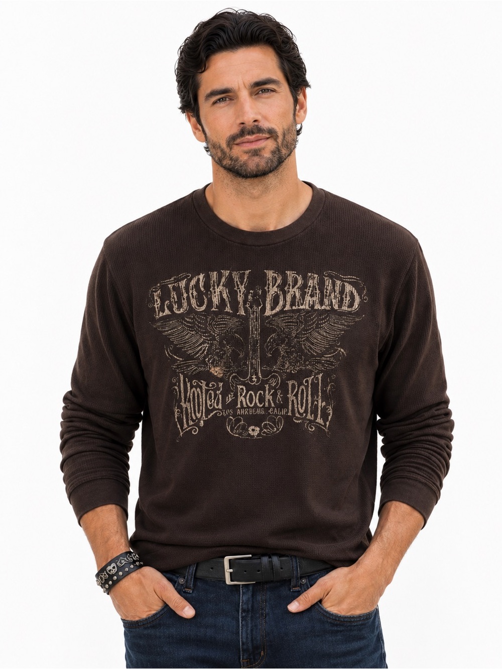 Lucky Brand Rock & Roll Thermal Waffle Knit Shirt - Brown - Men’s Large